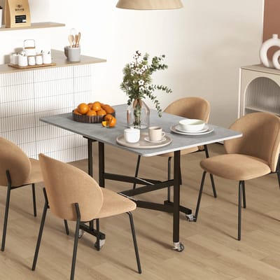 Pugsdrly Eettafel voor 4-6 personen, klaptafel met wieltjes, stalen frame, 52,5-120 x 80 x 73 cm, grijs