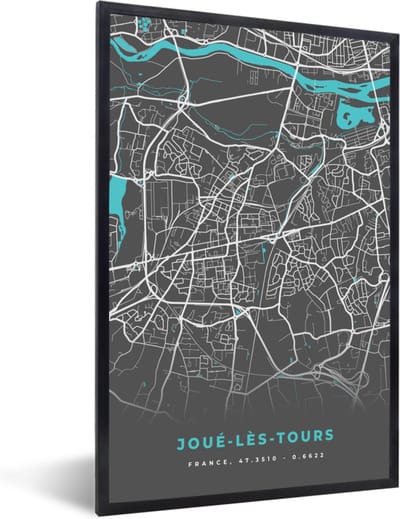 Fotolijst incl. Poster - Joué-lès-Tours - Frankrijk - Plattegrond - Kaart - Stadskaart - 40x60 cm - Posterlijst