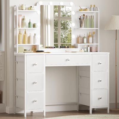 Hzuaneri Make-uptafel met ledverlichting, make-uptafel met grote HD-spiegel, 7 laden en 6 opbergvakken, make-uptafel voor slaapkamer, modern wit DT42303XEU