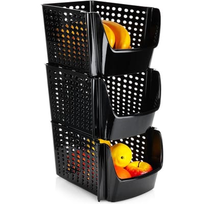 Doos voor Groenten en Fruit Zwart 29x21x16 cm 3 stuks - Aardappelbak - Aardappelpot - Bewaardoos - Container - Koelkast Organizer - Opbergbox - Fruitkist