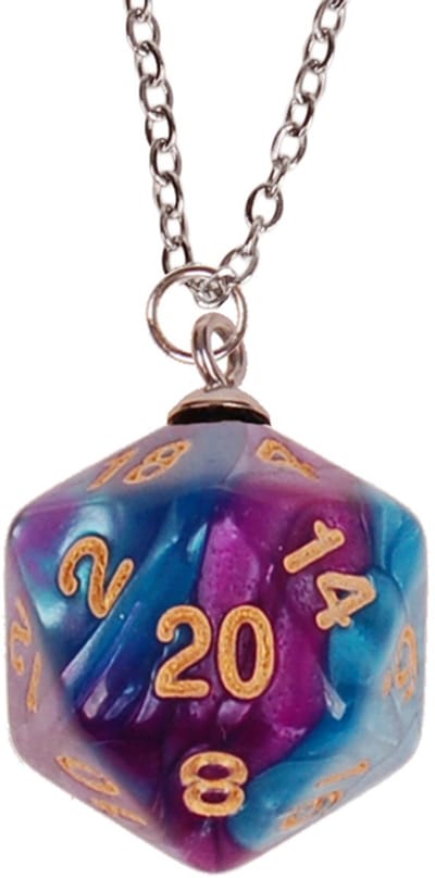 Ketting Zilverkleurig 55cm - Hanger DnD D20 dobbelsteen paars/blauw 2,5cm