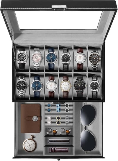 Uten 2 Niveaus PU Horloge Doos - Horlogebox - Geschikt voor 12 Horloges - Sieradendoos - Brillendoos - Grijs