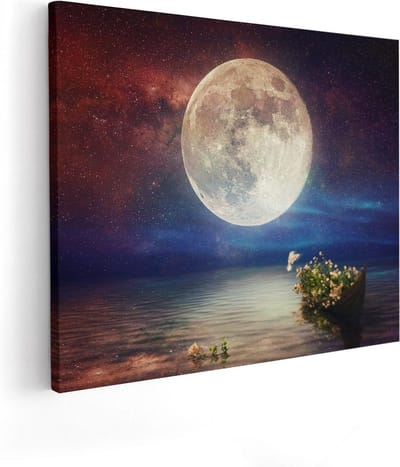 Artaza Canvas Schilderij Boot Met Bloemen - 50x40 cm - Wanddecoratie Zee - Muurdecoratie Maan - Schilderijen Op Canvas Sterrenhemel