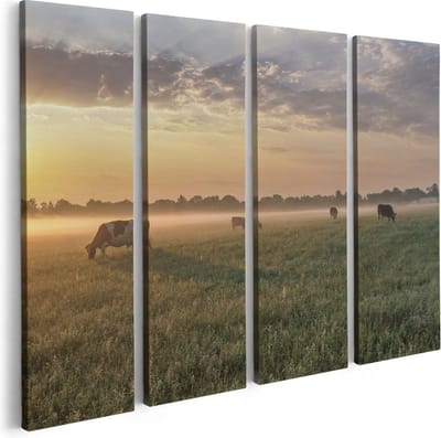 Artaza Canvas Schilderij Vierluik Koeien In De Wei Tijdens Zonsopkomst  - 80x60 - Foto Op Canvas - Canvas Print