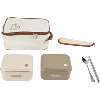 2 stuks 600ml Lunchcontainer met Eetstokjes Lepel Tas Kaki Beige Lekdicht Geïsoleerd 304 white