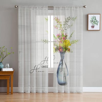 Houten Vaas Bloemen Tule Gordijnen Voor Woonkamer Slaapkamer Voile Transparant Gordijn Raam Huisdecoratie Drapes 135W x 114H(cm) white