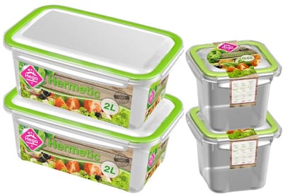 4x Voorraad/vershoudbakjes 0,5 en 2 liter transparant/groen plastic/kunststof - Kiev - Luchtdicht/hermetisch afgesloten vershouddoos bakje - Mealprep - Maaltijden bewaren