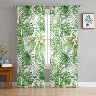 Groene Bloem Plant Bladeren Raambekleding Tule Modern Transparant Gordijnen voor Keuken Woonkamer de Slaapkamer Gordijnen Decoratie W135 x H114cm beige