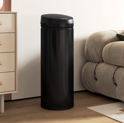 MEUNIQ sensorprullenbak 50 liter met soft-close deksel, contactloze afvalemmer van roestvrij staal zonder binnenemmer met zakring, rond model voor keuken of bijkeuken, zwart
