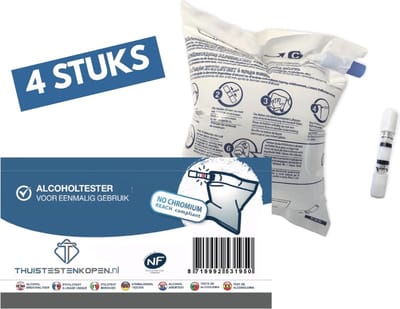 Alcoholtester - 4 stuks wegwerp ademtester geschikt voor Frankrijk  NF keurmerk  chroomvrij - voldoet aan de LAATSTE Franse kwaliteitsnorm - blaastest