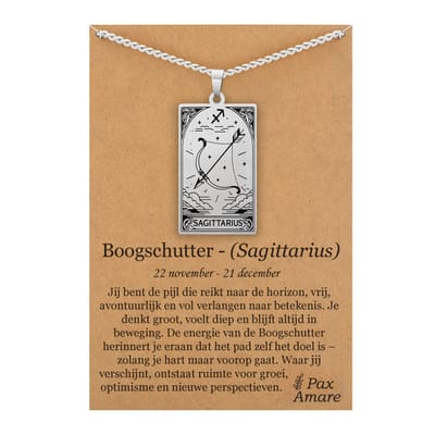 Sterrenbeeld Boogschutter (Sagittarius) Ketting op Cadeau Kaartje Zilverkleurig - Zodiac in de stijl van Rider-Waite Tarot - Roestvrij Staal / Stainless Steel - 60cm - Pax Amare