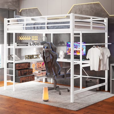 MODFU Ledikant 160x200 cm – Met vier lades en deels opklapbaar hoofdbord – Massief grenen – Wit – Ruime opbergoplossing