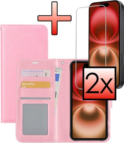 Hoesje - Met 2x Screenprotector - Geschikt voor Apple iPhone 16 - Luxe Pasjeshouder - Bookcase Portemonee - Flip Case - Kunstleer Book Case - Flipcase Hoes - Book Cover - Walletcase - Portemonneehoes - Lichtroze