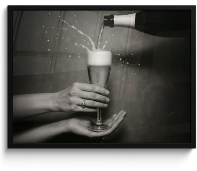 Poster in lijst - Fotolijst 70x50 cm - Posters - Champagnefles - Glas - Minimalistisch - Spetters - Posterlijst zwart - Decoratie - Wanddecoratie woonkamer - Muurdecoratie slaapkamer