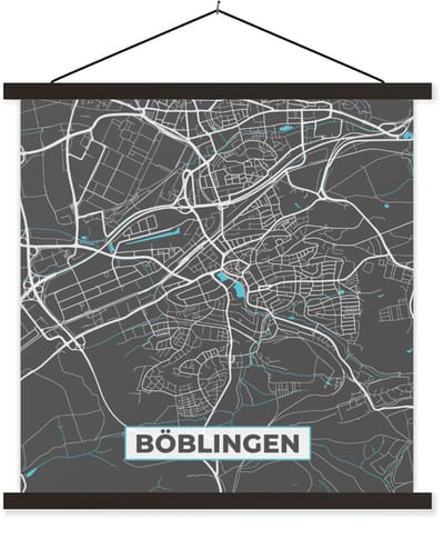 Posterhanger incl. Poster 120x120 cm - Schoolplaat - Böblingen – Stadskaart – Blauw – Plattegrond – Stadskaart – Kaart - Duitsland - Textielposter - Zwarte latten - Stadskaart