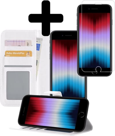 Hoesje - Met Screenprotector - Geschikt voor Apple iPhone SE (2022) - Luxe Pasjeshouder - Bookcase Portemonee - Flip Case - Kunstleer Book Case - Flipcase - Book Cover - Walletcase - Portemonneehoes - Telefoonhoesjes - Wit