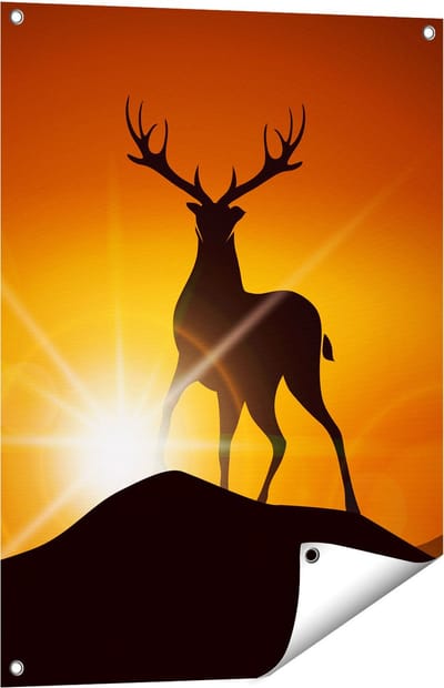Gards Tuinposter Hert op een Berg - Abstract - Silhouet - 60x80 cm - Tuindoek - Tuindecoratie - Wanddecoratie buiten - Tuinschilderij