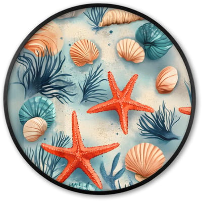 Poster in lijst Rond - Fotolijst 60x60 cm - Posters - Zeesterren - Schelpen - Illustratie - Zand - Ronde posterlijst zwart - Decoratie - Wanddecoratie woonkamer - Muurdecoratie slaapkamer