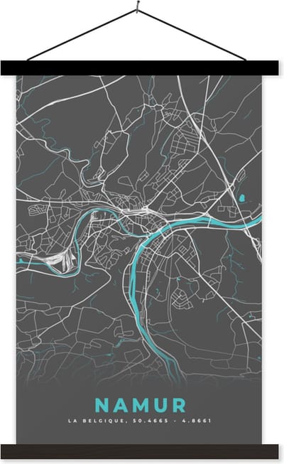 Posterhanger incl. Poster 40x60 cm - Schoolplaat - Plattegrond – Namur – Blauw – Stadskaart - Kaart - België - Textielposter - Zwarte latten - Stadskaart