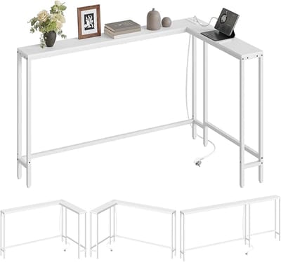 Consoletafel-Haltafel- smalle -Entreetafel-Oplaadstation & USB-poorten-Stevig en stabiel-180cm Smal Entree Tafel - L-vormige Haltafel-met 3 Combinatiemodi-15 cm Breed-Wit.