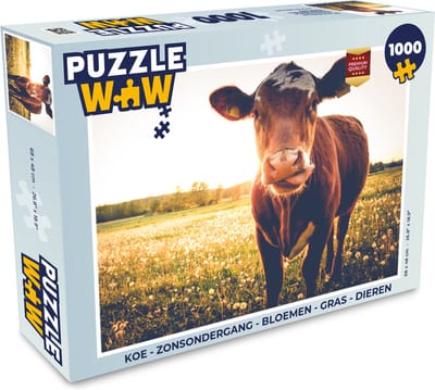 Puzzel Koe - Zonsondergang - Bloemen - Gras - Dieren - Legpuzzel - Puzzel 1000 stukjes volwassenen