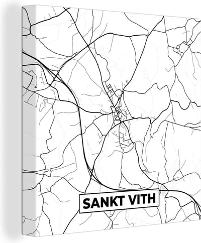 Canvas Schilderij Plattegrond – Sankt Vith – Zwart Wit – Stadskaart - Kaart - België - 20x20 cm - Wanddecoratie