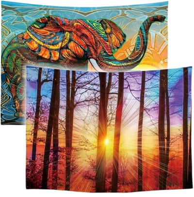 Ulticool – Wandkleed - Olifant Zon Boho Bohemian Zonsondergang – Set van 2 designs - 73 cm x 95 cm – Schilderij Wandtapijt Stof – Poster Art – Oranje Paars Blauw Geel