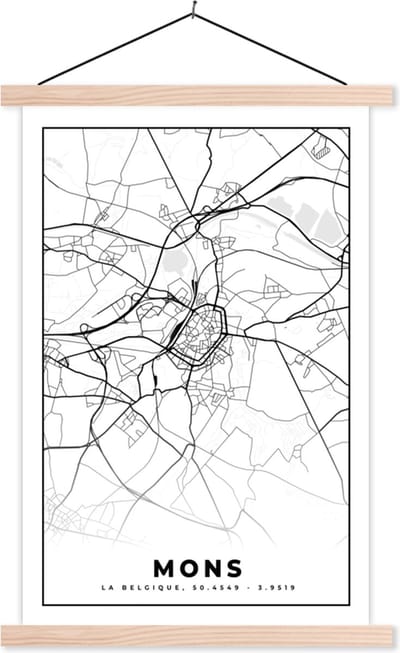 Posterhanger incl. Poster 40x60 cm - Schoolplaat - Kaart – Plattegrond – Stadskaart – Mons – België – Zwart Wit - Textielposter - Blanke latten - Stadskaart
