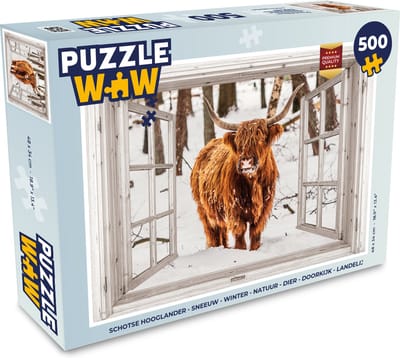 Puzzel Schotse Hooglander - Sneeuw - Winter - Natuur - Dier - Doorkijk - Landelijk - Legpuzzel - Puzzel 500 stukjes
