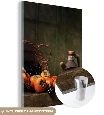 MuchoWow® Glasschilderij 120x160 cm - Schilderij acrylglas - Rustiek - Fruit - Kan - Mand - Stilleven - Foto op glas - Schilderijen