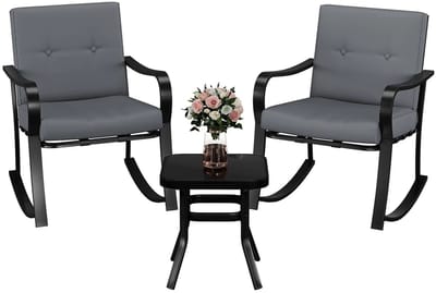 RosaBloom Patio Schommelstoel Set - Loungeset 3-delig - 2 Schommelstoelen met Kussens - Bijzettafel met Gehard Glas - Stalen Frame - Grijs