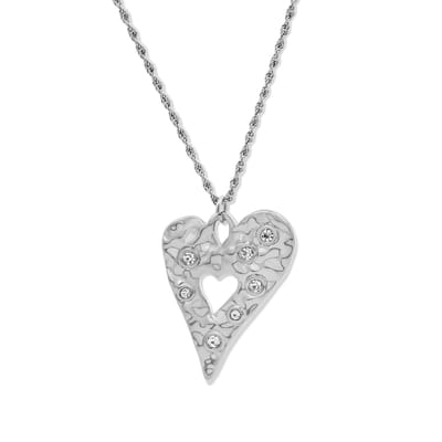 CO88 Collection - 8CN-26473 - schakelketting vrouwen hammered hart met zirconia stenen - 40+5 cm - zilverkleurig