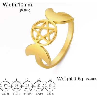 Bague Étoile à Cinq Branches Triple Lune LIKGREAT pour Femmes Bague de Doigt en Acier Inoxydable Nouvelle Arrivée Pentacle Surnaturel Amulette Wicca Bijoux Cadeau 10 beige