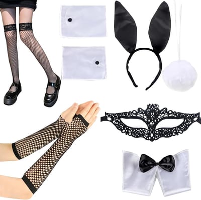 Accessoires set voor vrouwen, 7-delige set met oorkap, kraag, manchet, handschoenen, staart, netpanty en oogmasker, ideaal voor feestelijke gelegenheden