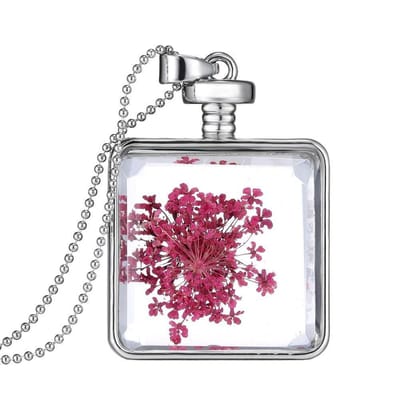 Fako Bijoux® - Ketting - Gedroogde Bloem - Vierkant - Zilverkleurig - Paars