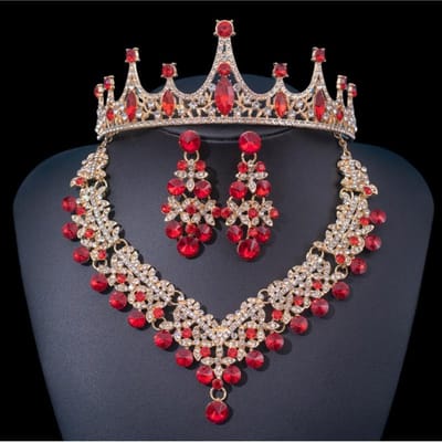 Europese en Amerikaanse Bruidskroon Hoofddeksel High End Luxe Rode Diamanten Sieraden Volwassen Prinses Ketting Oorbellen Driedelige Accessoire Set gray