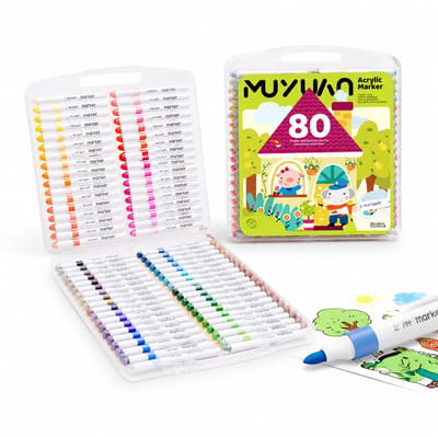 Acrylmarkers - 80 kleuren - Zachte punt, drukken niet door - Voor tekenen en kleuren door kinderen - Basisverpakking
