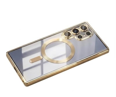 Transparant goudkleurig telefoon hoesje met metallic randen – geschikt voor Samsung S25 Ultra MagSafe – luxe backcover met MagSafe ring en camera bescherming