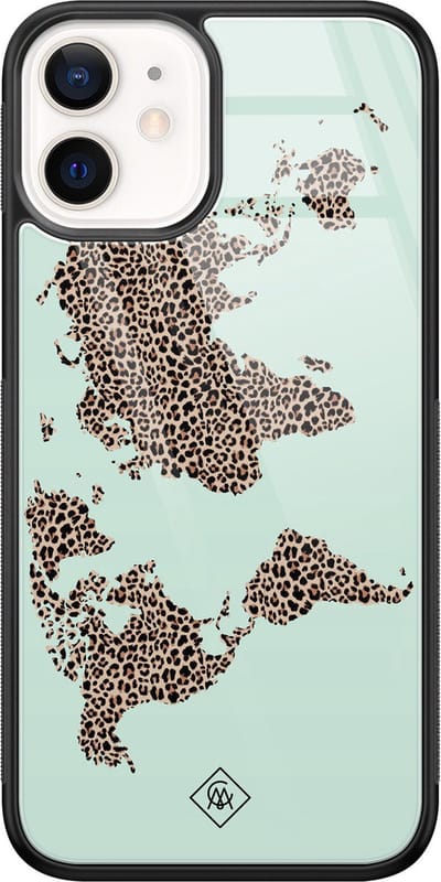 Casimoda® hoesje - Geschikt voor iPhone 12 Mini - Wereldkaart blauw luipaard - Luxe Hard Case Zwart - Backcover telefoonhoesje - Blauw