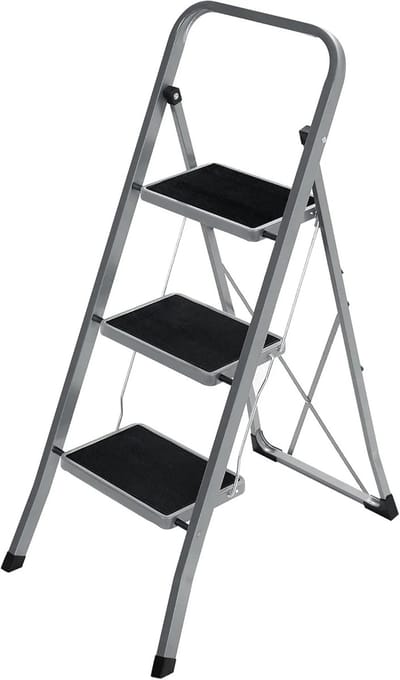 Buylin Huishoudtrap - Trapladder met 3 treden - Antislip - Robuust - Staal - tot 150kg - Opvouwbaar - Vergrendeling - Grijs