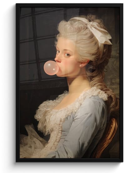 Poster in lijst - Fotolijst 60x90 cm - Posters - Vrouw - Barokjurk - Kauwgom - Posterlijst zwart - Decoratie - Wanddecoratie woonkamer - Muurdecoratie slaapkamer