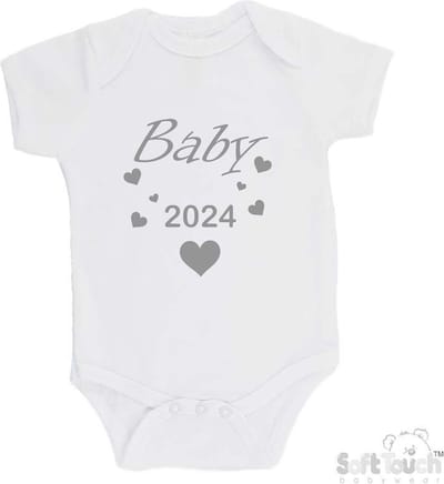 100% Katoenen Romper "Baby 2024" Unisex Katoen Wit/grijs Maat 56/62