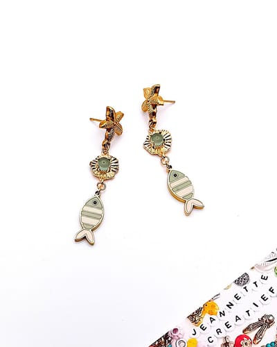 Jeannette-Creatief® - Ibiza Beach - Fish Gold & Green Naturestone Seastar - Starfish - Oorbellen Dames - Oorbellen Natuursteen - Oorbellen Fish - Earrings with Lashes - Handmade Jewellery - Unieke Oorbellen - Boho Chic