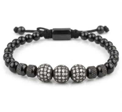 Heren armband – mat zwarte kralenarmband met zirkonia accenten