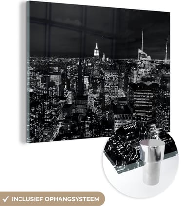 MuchoWow® Glasschilderij 160x120 cm - Schilderij acrylglas - Skyline - Zwart - Wit - New York - Amerika - Foto op glas - Schilderijen