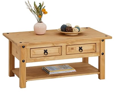 Massief Grenenhouten Salontafel met 2 Laden en Plank in Natuurlijk Design