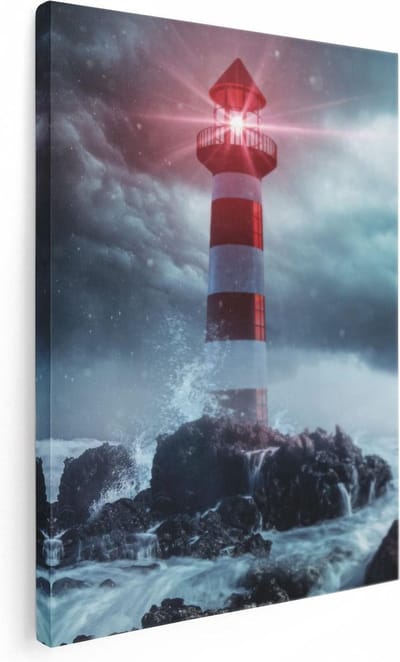 Artaza Canvas Schilderij Zeezicht - 30x40 cm - Klein - Muurdecoratie Vuurtoren - Wanddecoratie Storm - Kamer Accessoires