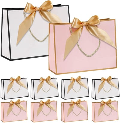 Dailygoods- Cadeauzakjes Grote Formaat - 10 Stuks - 32 x 25 x 11 cm - Witte/Roze Geschenkzakjes - Verjaardags/Huwelijkscadeauzakjes - Luxe Afwerking
