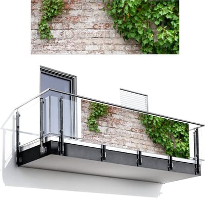 Balkonscherm 300x110 cm - Balkonposter Klimop - Groen - Stenen - Wit - Bladeren - Balkon scherm decoratie - Balkonschermen - Balkondoek zonnescherm