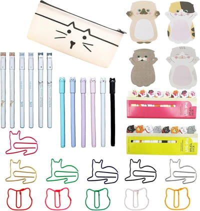 Complete Set voor Kattenliefhebbers: 360 Vellen Plaknotities, 60 Paperclips, 12 Gelpennen en Etui voor Creatief Schrijven en Organiseren